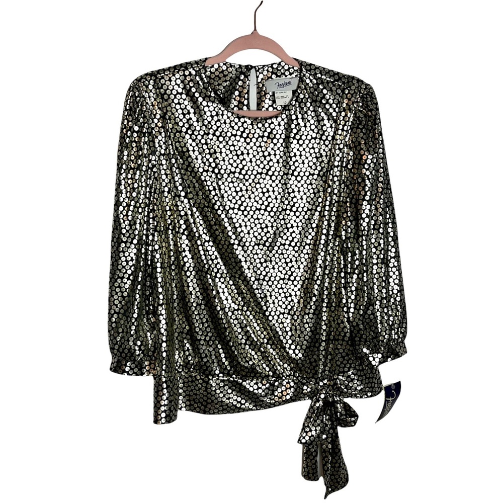 New old stock vintage metallic blouse tie waist black silver. Made in USA.